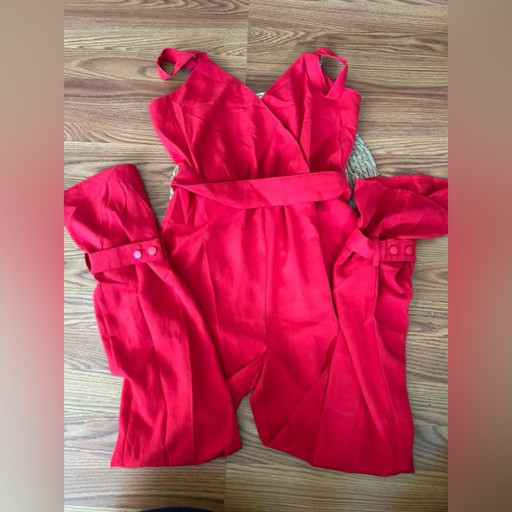 New red jumpsuit with belted waist